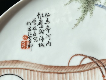 Three Chinese famille rose plates, signed Wang Xiliang 王锡良 and Zeng Fuqing 曾福慶, dated 1936