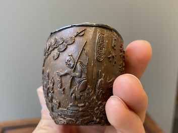 Four Chinese silver-lined coconut cups, Wang Hengxin 王恒馨 mark, 19/20th C.