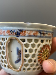A Chinese Imari-style double-walled reticulated cup and a grisaille and gilt cup, Kangxi/Qianlong