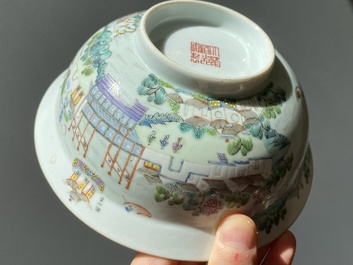 Een Chinese famille rose 'Dong Hu Ye Yue 東湖夜月' kom, Daoguang merk en periode