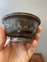 Two Chinese lac-burgaut&eacute; bowls with silvered interiors, Kangxi