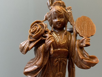Drie Chinese snijwerken in lapis lazuli en goudsteen, 19/20e eeuw