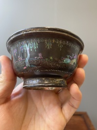 Two Chinese lac-burgaut&eacute; bowls with silvered interiors, Kangxi