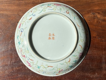 A Chinese turquoise-ground grisaille-decorated Dayazhai plate, Yong Qing Chang Chun 永慶長春 mark, Guangxu