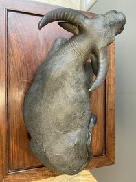 Een grote Chinese grisaille sculptuur van een liggende buffel op houten sokkel, 18/19e eeuw