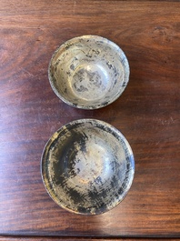 Two Chinese lac-burgaut&eacute; bowls with silvered interiors, Kangxi