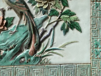 A Chinese relief-decorated famille verte 'peacock' plaque in a fine carved hongmu wooden frame, 19th C.