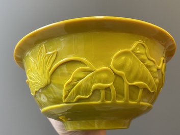 Twee Chinese kommen met reli&euml;fdecor in geel Peking glas, 19/20e eeuw