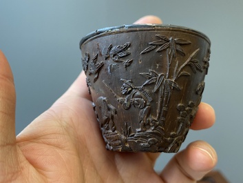 Four Chinese silver-lined coconut cups, Wang Hengxin 王恒馨 mark, 19/20th C.