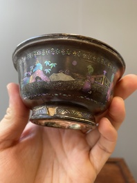 Two Chinese lac-burgaut&eacute; bowls with silvered interiors, Kangxi