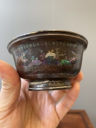 Two Chinese lac-burgaut&eacute; bowls with silvered interiors, Kangxi