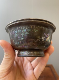 Two Chinese lac-burgaut&eacute; bowls with silvered interiors, Kangxi