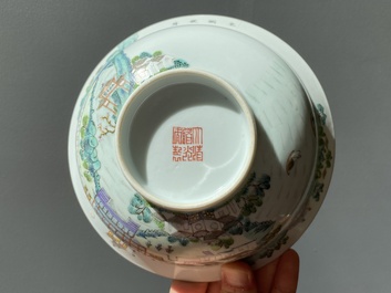 Een Chinese famille rose 'Dong Hu Ye Yue 東湖夜月' kom, Daoguang merk en periode