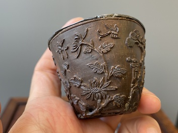 Four Chinese silver-lined coconut cups, Wang Hengxin 王恒馨 mark, 19/20th C.