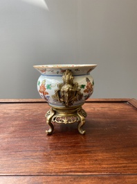 A Chinese gilt bronze-mounted famille verte cuspidor, 'zhadou', Kangxi