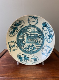 A deep Chinese  turquoise- and black-enamelled Swatow 'monastery' dish, Ming