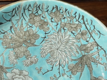 A Chinese turquoise-ground grisaille-decorated Dayazhai plate, Yong Qing Chang Chun 永慶長春 mark, Guangxu