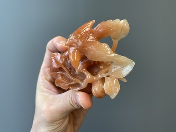 A Chinese carnelian agate sculpture of a vase with branches and birds, 20th C.