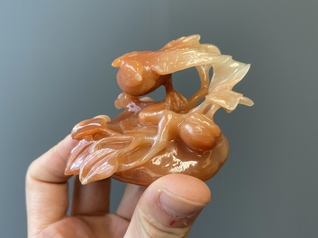 A Chinese carnelian agate sculpture of a vase with branches and birds, 20th C.