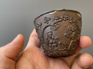 Four Chinese silver-lined coconut cups, Wang Hengxin 王恒馨 mark, 19/20th C.