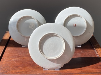 Three Chinese famille rose plates, signed Wang Xiliang 王锡良 and Zeng Fuqing 曾福慶, dated 1936