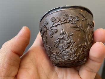 Four Chinese silver-lined coconut cups, Wang Hengxin 王恒馨 mark, 19/20th C.