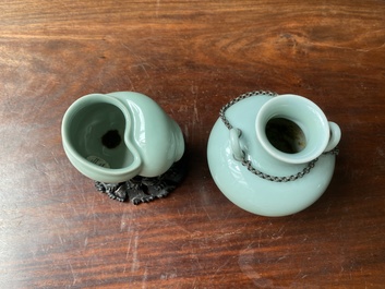 A Chinese celadon-glazed water pot on wooden stand and a small 'hu' vase, 19/20th C.