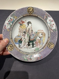 A pair of fine Chinese famille rose plates with a lady and two boys, Yongzheng