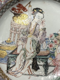 A pair of fine Chinese famille rose plates with a lady and two boys, Yongzheng