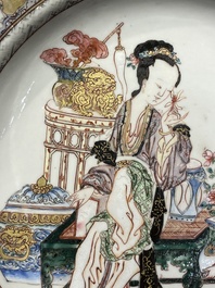 A pair of fine Chinese famille rose plates with a lady and two boys, Yongzheng