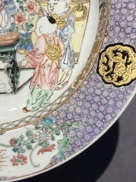 A pair of fine Chinese famille rose plates with a lady and two boys, Yongzheng