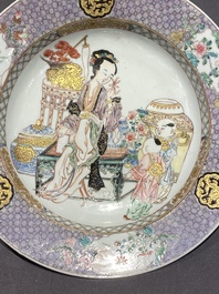 A pair of fine Chinese famille rose plates with a lady and two boys, Yongzheng