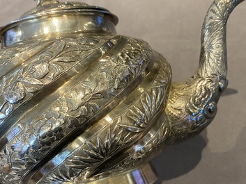 A Chinese four-piece silver tea set, Jiu Jiang Qing He Huan 九江 慶和 煥 mark, 19th C.