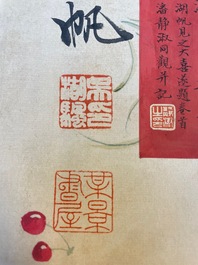 Xu Yang 徐揚 (1712-1777) et Wu Hufan 吳湖帆 (1894-1968): 'Paysage montagneux', dat&eacute; 1755, avec calligraphie post&eacute;rieure, encre et couleurs sur soie