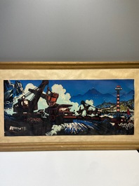 Chinese school uit de Culturele Revolutie: Zicht op het Daqing olieveld, litho opgehoogd met olieverf