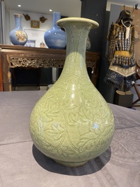A Chinese Longquan celadon 'yuhuchunping' vase with floral design, Ming
