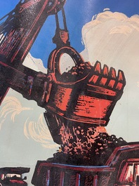 Chinese school uit de Culturele Revolutie: Zicht op het Daqing olieveld, litho opgehoogd met olieverf