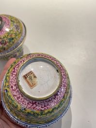 A pair of Chinese Canton enamel bowls and covers, Qianlong