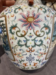 A Chinese famille rose 'hu' vase with fine landscapes, Qianlong mark, 19/20th C.