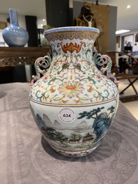 A Chinese famille rose 'hu' vase with fine landscapes, Qianlong mark, 19/20th C.