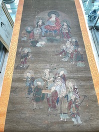Chinese school: 'Buddha surrounded by Luohans', ink and colours on silk, 18th C.