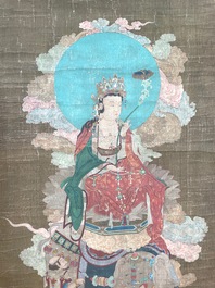 Ecole chinoise: 'Samanthabadra sur l'&eacute;l&eacute;phant &agrave; six d&eacute;fenses', encre et couleurs sur soie, 17/18&egrave;me