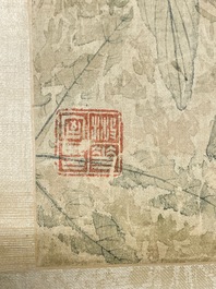 Yu Li 李钰( 1862-1922): Three scrolls with rocks and flowers, ink and colours on silk, dated 1906