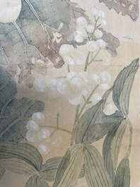 Yu Li 李钰( 1862-1922): Three scrolls with rocks and flowers, ink and colours on silk, dated 1906