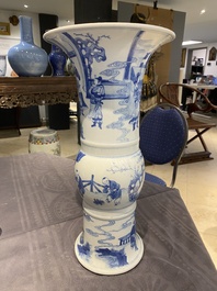 A Chinese blue and white 'gu' vase with figurative design, probably Kangxi
