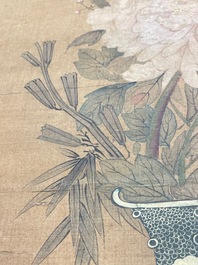 Chinese school: 'Two antiquities', ink and colours on silk, Qianlong seal mark, 19th C.