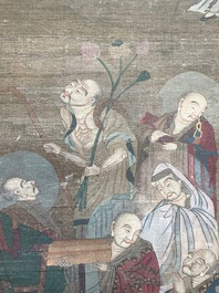 Chinese school: 'Buddha surrounded by Luohans', ink and colours on silk, 18th C.