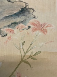Yu Li 李钰( 1862-1922): Three scrolls with rocks and flowers, ink and colours on silk, dated 1906