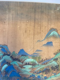 Ecole chinoise: 'Paysage montagneux', encre et couleurs sur soie, Qing