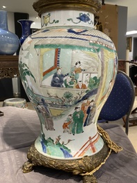 Un vase en porcelaine de Chine famille verte mont&eacute; en lampe, Kangxi